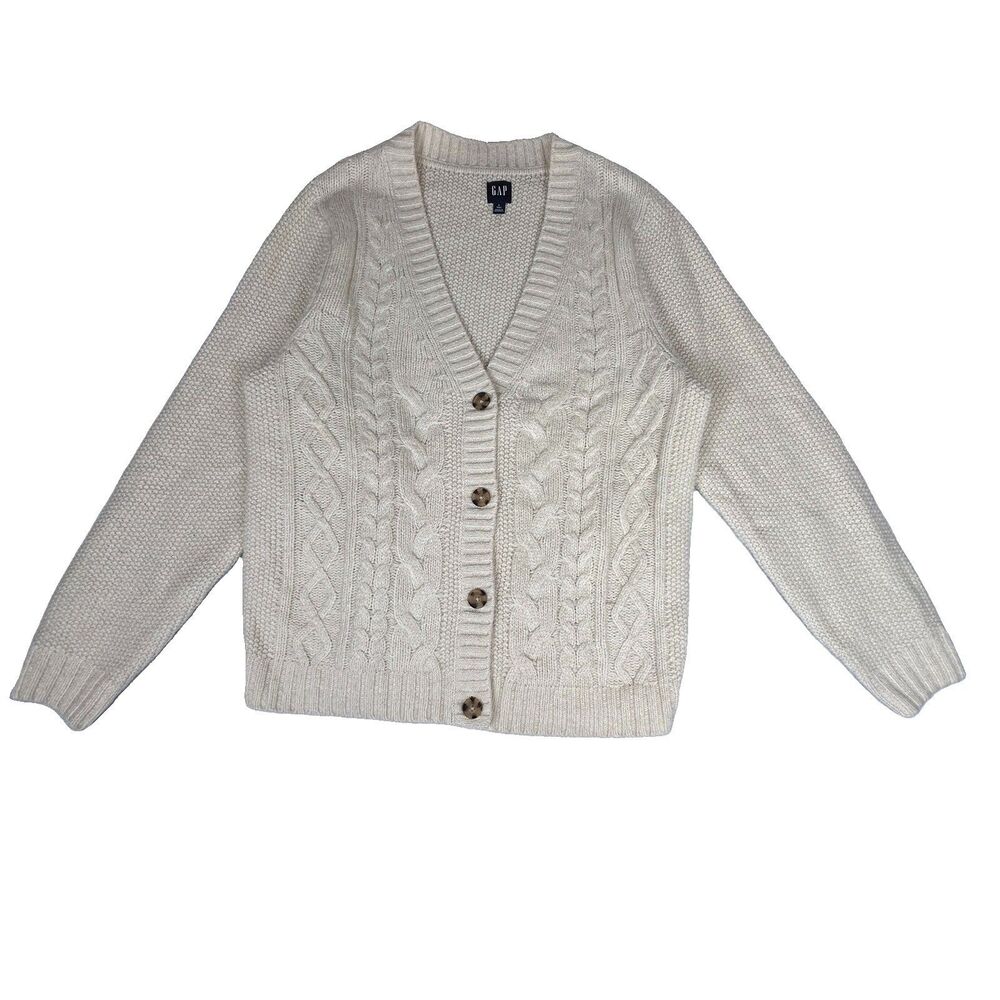 Gap cable knit button up v-neck cardigan preppy academia Sz L Tall